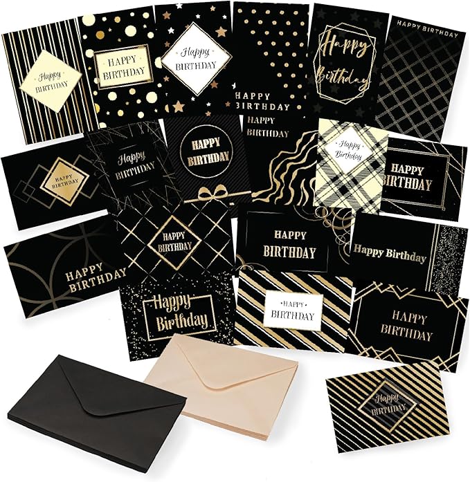 Mr. Pen- Birthday Cards with Envelopes, 20 Pack, 4" x 6", Black with Gold Foil, Blank Inside, Greeting Cards Birthday