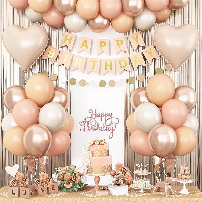 Beige Birthday Decorations,Happy Birthday Banner with Cream Nude Champagne Gold Balloon Heart Foil Balloons Fringe Curtain for Women Men Boho Baby Shower Party Decor