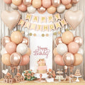 Beige Birthday Decorations,Happy Birthday Banner with Cream Nude Champagne Gold Balloon Heart Foil Balloons Fringe Curtain for Women Men Boho Baby Shower Party Decor