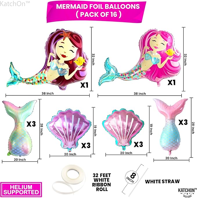 KatchOn, Big, Colorful Mermaid Balloons Set - 38 Inch, Pack of 16 | Mermaid Tail Balloon, Seashell Balloons | Mermaid Foil Balloons for Mermaid Party Decoration | Mermaid Birthday Balloon Decorations