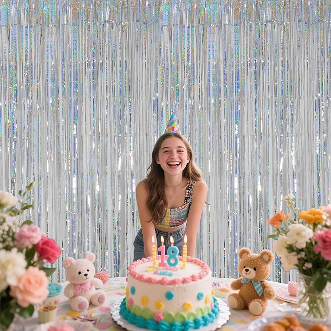 Silver Foil Fringe Curtains for Party Decorations, Birthday Photo Backdrop, 3.28 x 6.56ft Metallic Streamer Tinsel Curtain with Glitter for Birthday Wedding Wall Hanging Supplies