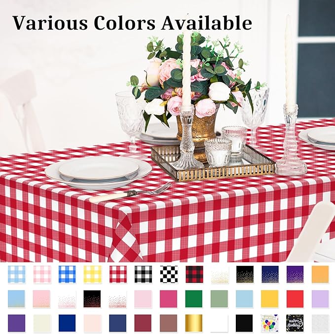 4 Pcs Red Checkered Tablecloth 54 ×108 Inches Rectangle Red Gingham Tablecloth Disposable Plastic Waterproof Table Cover for Outdoor Picnic, Kitchen, Holiday Birthday Party