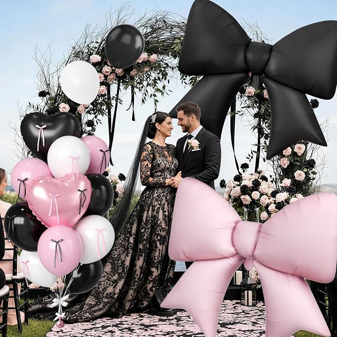 16Pcs Pink and Black Heart Balloons, 38 Inch Bow Balloons, Light Pink Black White Balloon and Bow Heart Shaped Foil Balloon Helium for Women Birthday Wedding Bridal Baby Shower Valentine Decorations