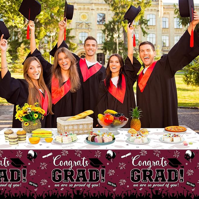 3 Pack Graduation Tablecloth Party Decorations, Class of 2026 Congrats Grad Plastic Tablecover Party Supplies, Maroon Rectangle Graduation Table Decorations for College High School Party, 54 x 108Inch