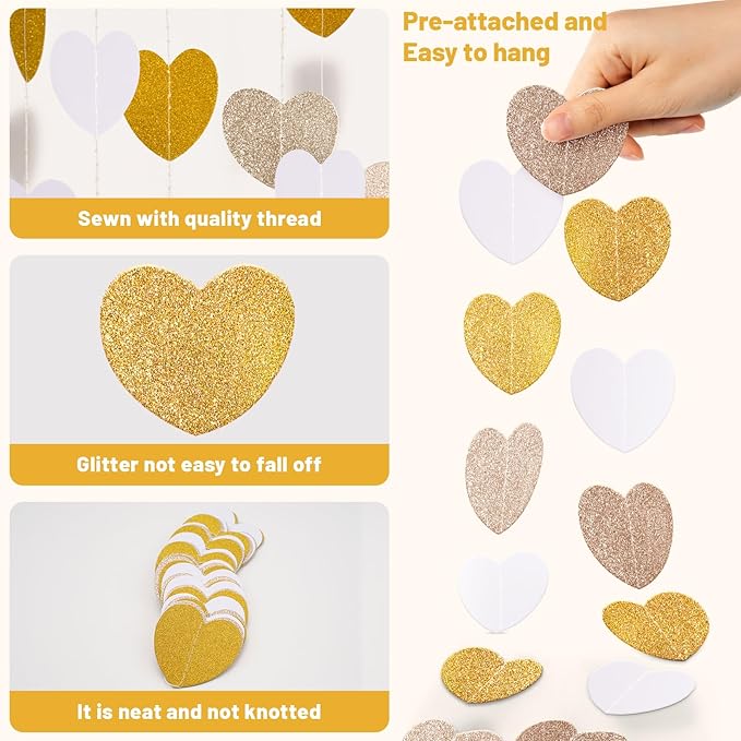 GCQQ White Champagne Gold Heart Garlands - 52Ft Glitter Gold Valentines Day Decorations Garland 4 Packs Paper Heart Hanging Streamers for Bridal Shower Valentine's Day Anniversary Wedding Decor