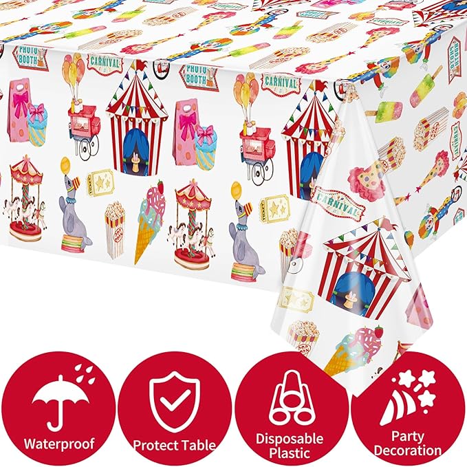 Hxezoc 54 x 108 Inch Circus Party Tablecloths Disposable Plastic Carnival Table Cover for Carnival Birthday Party Decorations Outdoor Indoor Supplies