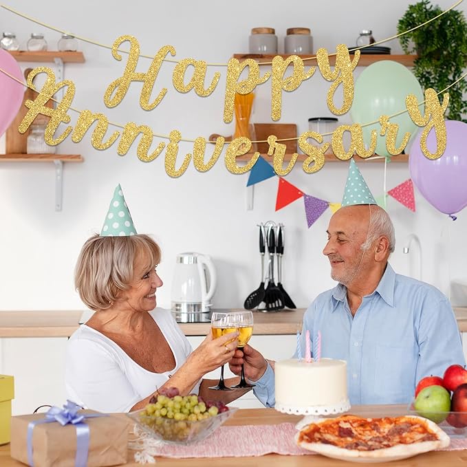 Happy Anniversary Banner Sign Gold Glitter Wedding Bunting Banner Flag Garland for Anniversary Party Decorations Supplies