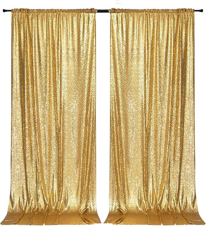 PartyDelight Gold Sequin Backdrop 5x10ft 2 Panels - High Density 3mm Shimmer Sequin Background Sparkly Photography Curtain for Wedding, Gala, Stage & Event Decor