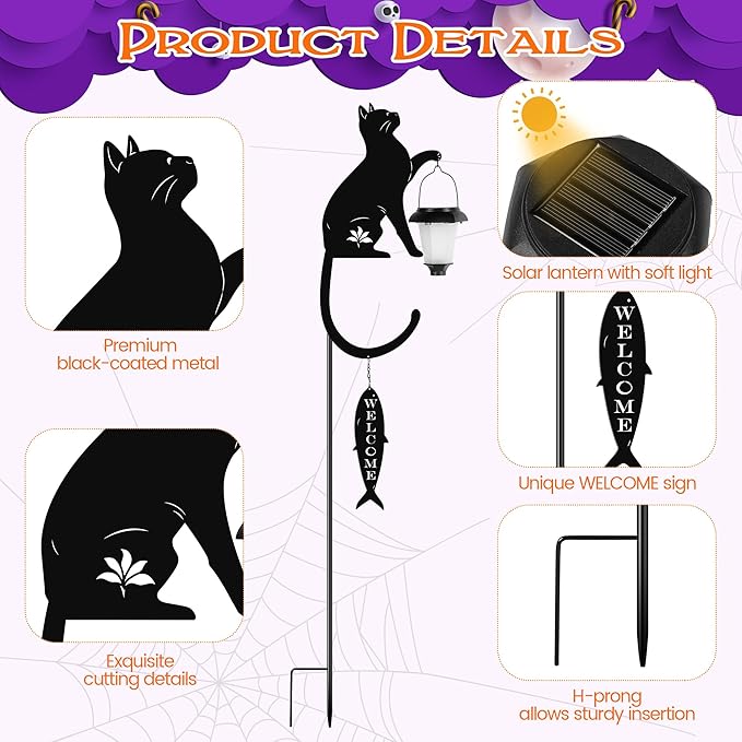 Metal Cat Stake with Solar Light, Outdoor Decorative Black Cat Holding Lantern Garden Stakes with Welcome Sign Halloween Witch Hat & Spider Web for Garden Lawn Yard Pathway Halloween Decor