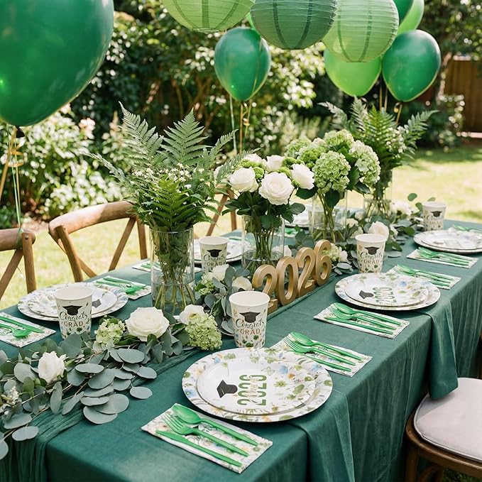 400 Pcs Class of 2026 Green Floral Graduation Decorations for 50 Guest, Green Gold Flower Graduation Paper Plates Napkins and Cups Cutlery Grad Tableware for 2026 Congrats Grad Party Supply