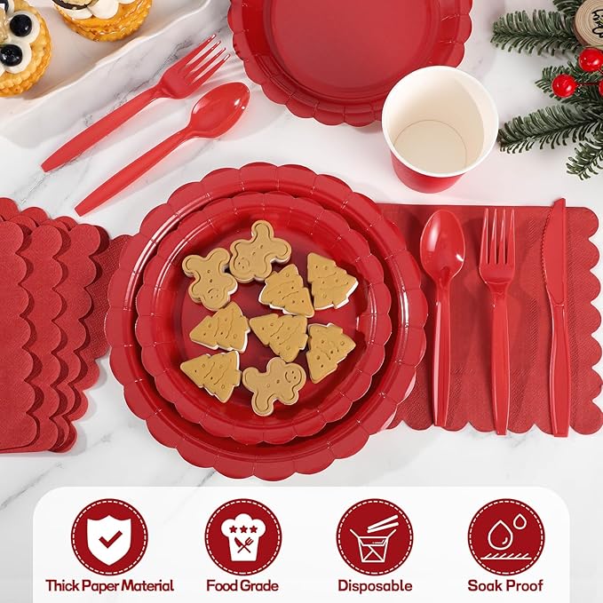 175 Pcs Red Plates and Napkins, 25 Guest Red Party Decorations Include Paper Plate and Napkins Cups Plastic Spoons Forks Knives for Birthday, Picnic, Graduation