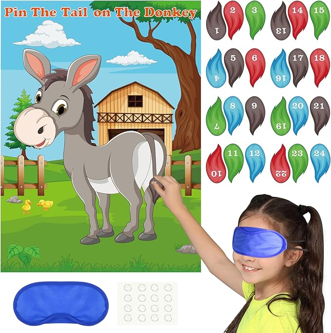 PLULON Pin The Tail on The Donkey Party Game for Kids, Donkey Themed Animal Birthday Party Games Donkey Poster with Tail Stickers for Kids Farm Animal Donkey Party Favors Home Wall Decorations