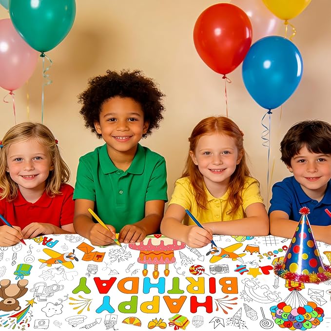 AinDen Birthday Coloring Tablecloth for Kids, Giant 72 x 30 Inch Coloring Poster, Happy Birthday Party Decorations Table Cloth for Crafts Games & Activities, School Classroom & Home