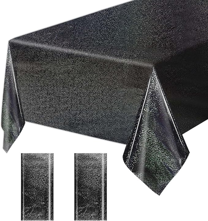 2 Pack Black Iridescent Plastic Tablecloth Disposable 54 × 108 Inch Glitter Holographic Foil Table Cloth Plastic Laser Rectangle Table Cover for Birthday Wedding Disco Party