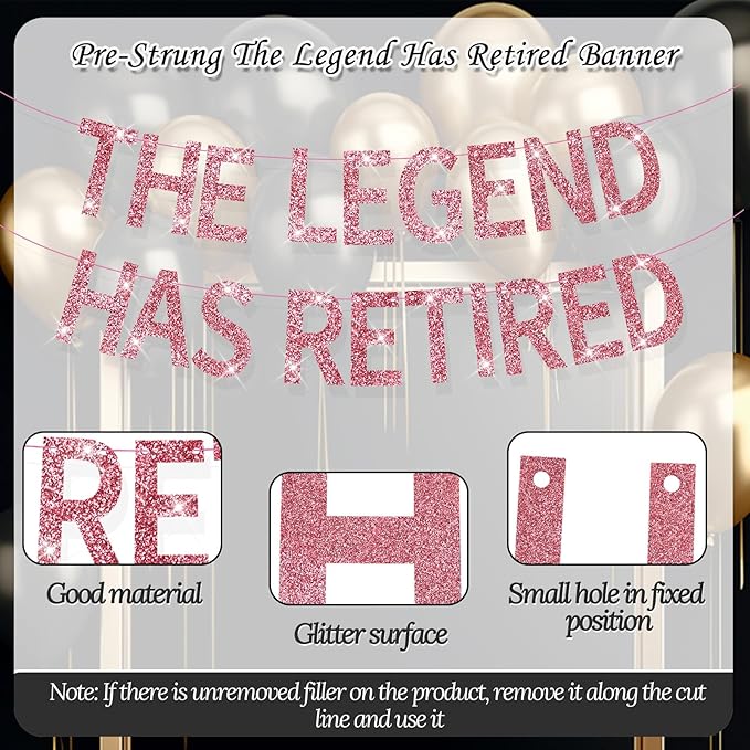 The Legend Has Retired Banner Rose Gold Glitter Pre-Strung No DIY Retirement Banner Decorations for Men Women Retirement Party Supplies(Rose Gold)