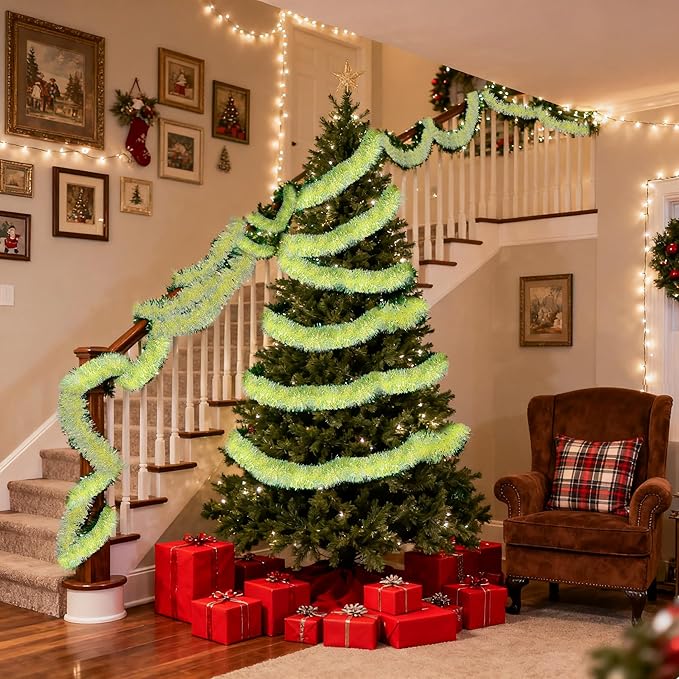 20FT Lime Green Christmas Tinsel Garland Iridescent Hanging Twisted Garland iRide for Christmas Tree Fireplace Mantle Xmas Party Home Decoration