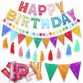 5 Pcs Pre-strung Rainbow Happy Birthday Banner Set, Felt Glitter Happy Birthday Garland with Ball Garland, Pennant Flags and Tassels, Birthdays Party Decorations for Kids and Adults