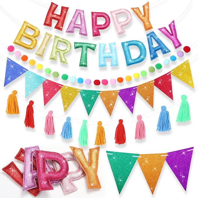 5 Pcs Pre-strung Rainbow Happy Birthday Banner Set, Felt Glitter Happy Birthday Garland with Ball Garland, Pennant Flags and Tassels, Birthdays Party Decorations for Kids and Adults