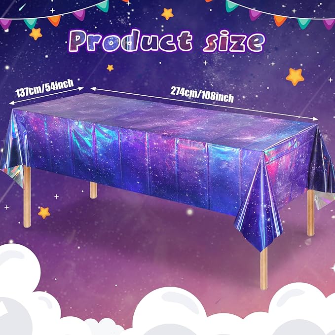 3Pcs Iridescent Space Tablecloths, Disposable Plastic Purple Galaxy Table Cloth Rectangle Table Covers for Space Starry Night Star Theme Party Birthday Party Decorations, 54x108 Inch