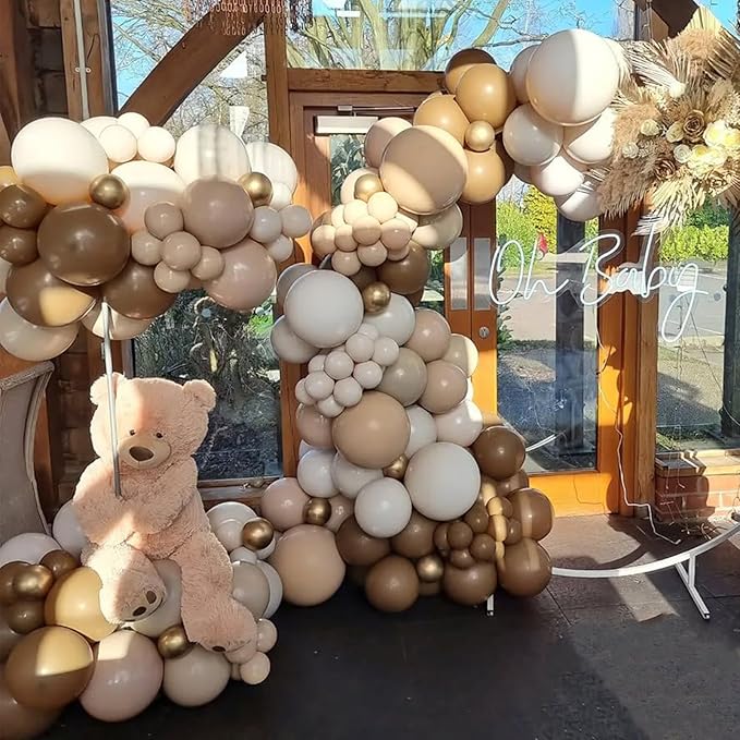 Netural Brown Balloons Arch Kit,144pcs Teddy Bear Balloons Garland Kit with Brown Nude and White Latex Balloons for Baby Shower Neutral Woodland Wedding Safari Birthday Party Decorations
