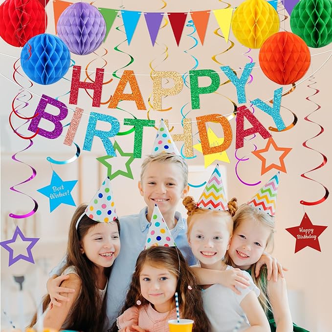 Rainbow Birthday Decorations Pre-Strung Happy Birthday Banner for Girls Women Boys Birthday Banners with Pennant Honeycomb Balls Cake Topper Stars Hanging Swirl Streamers Circle Dots Garland