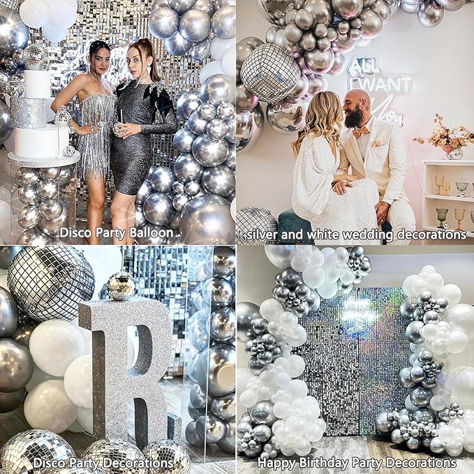 White Silver Balloon Arch Kit Garland with Grey Clear Balloons for Birthday Engagement Wedding Baby Shower Confirmation Prom 25th Anniversary Decorations