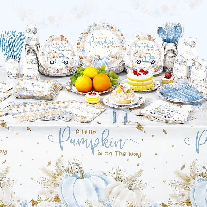 452 Pcs Little Pumpkin Baby Shower Decorations for 50, Blue a Little Pumpkin Is on The Way Paper Plates Napkins Cups Tablecloth Cutlery Straws for Autumn Fall Thanksgiving Party Supplies