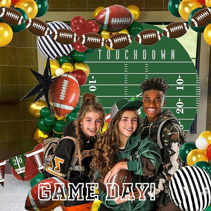 Football homecoming Balloon with Green White Gold Balloons with large star stripe Foil balloons and Football Banner for sport theme tailgate super league touch down birthday decorations