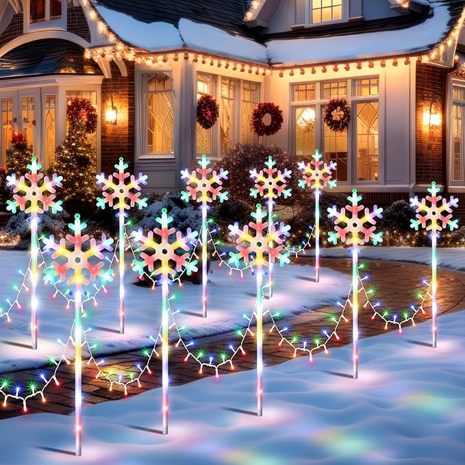 10 Pcs Christmas Snowflake Pathway Stake Lights for Outdoor Yard, 370 Bright LEDs Waterproof Large Christmas Snowflake Light Decoration for Garden Lawn Driveway Walkway Decor(Colorful)