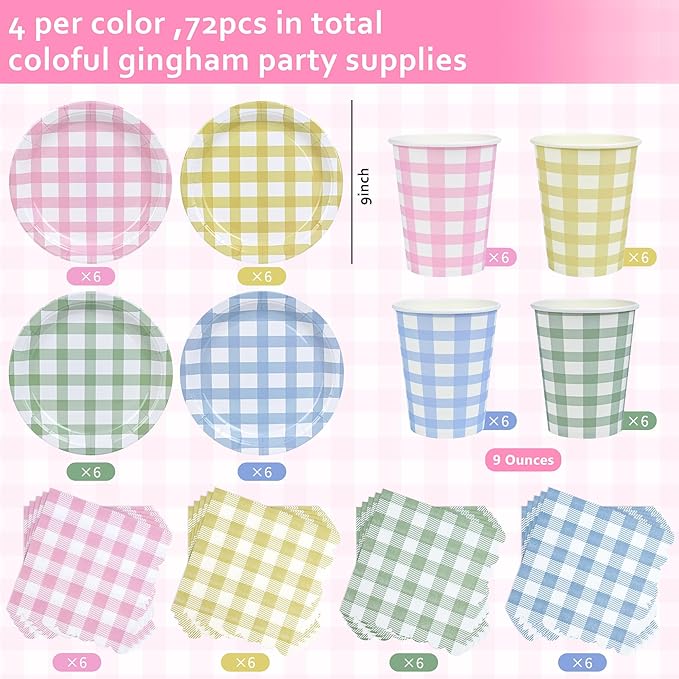 72Pcs Gingham Party Supplies 9 Inch Easter Party Colorful Dessert Paper Plates and Napkins Set Easter Disposable Round Picnic Plaid Plates Napkins Cups Checkered Dinnerware Set for Baby Shower Wedding