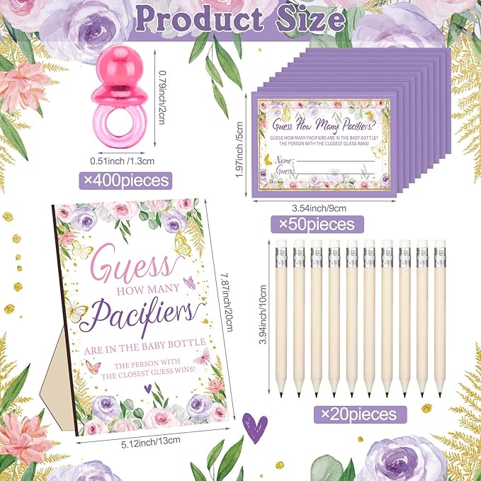Syhood Butterfly Baby Shower Games Guess How Many Pacifiers Game Sign 50 Small Guessing Games 20 HB Pencils 750 ml Milk Bottle 400 Acrylic Pacifiers Decorations Guests Gender Reveal Party Favors
