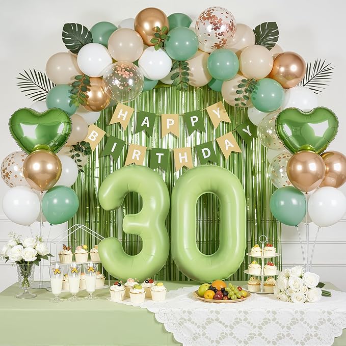 Sage Green 30th Birthday Decorations for Women Men, Dirty 30 Milestone Party Supplies, Sand White & Cream Balloon Kit with Green Number 30 Balloon and Fringe Curtains