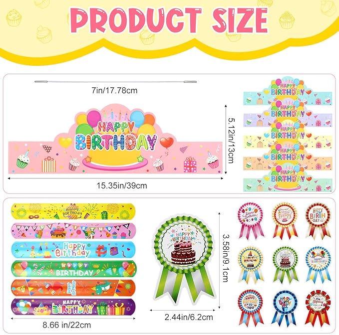Yunsailing 108 Pcs Happy Birthday Party Supplies for Kids Include 36 Birthday Paper Crowns 36 Badge Stickers and Slap Bracelets for Classroom School Party Supply(Fresh Color)