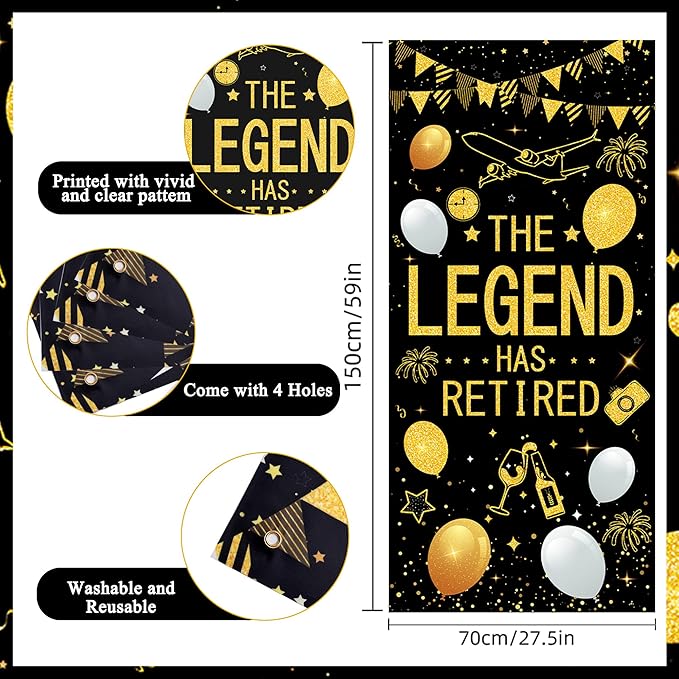 Roetyce Retirement Party Decorations for Men Women, Black Gold Happy Retirement Banner Balloons Hanging Swirls Kit, Lengend Has Retired Backdrop for Coworker, Office Retired Party Supplies