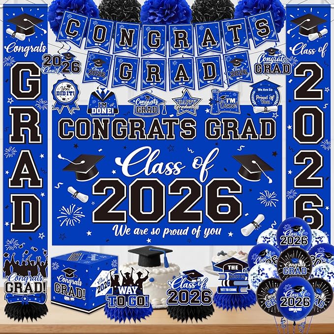 Graduation Decorations 2026 Blue Party Decor Set with Congrats Grad Banner, Class of 2026 Backdrop, Balloons, Box & Streamers Supplies for High School & College Celebrations