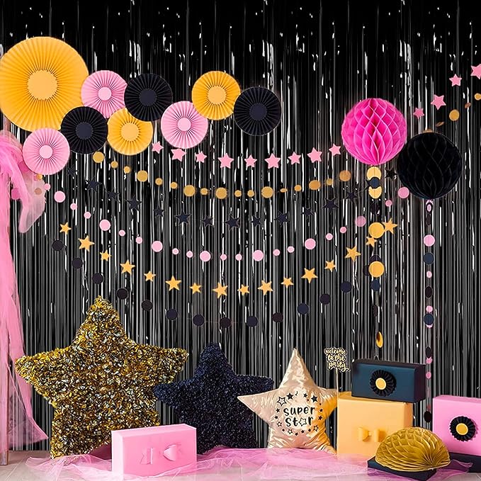 Dazzle Bright 2 Pack Black Backdrop Curtain, 3FT x 8FT Metallic Tinsel Foil Fringe Curtains Photo Booth Background for Baby Shower Party Birthday Wedding Engagement Bridal Shower Decorations