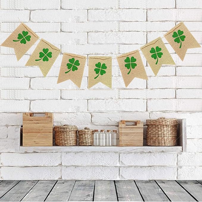 Shamrock Burlap Garland Banners for St.Patrick's Day Decorations Rustic Burlap Shamrock Clover Banner Garland for Irish Day, Office, Party Supplies Decor