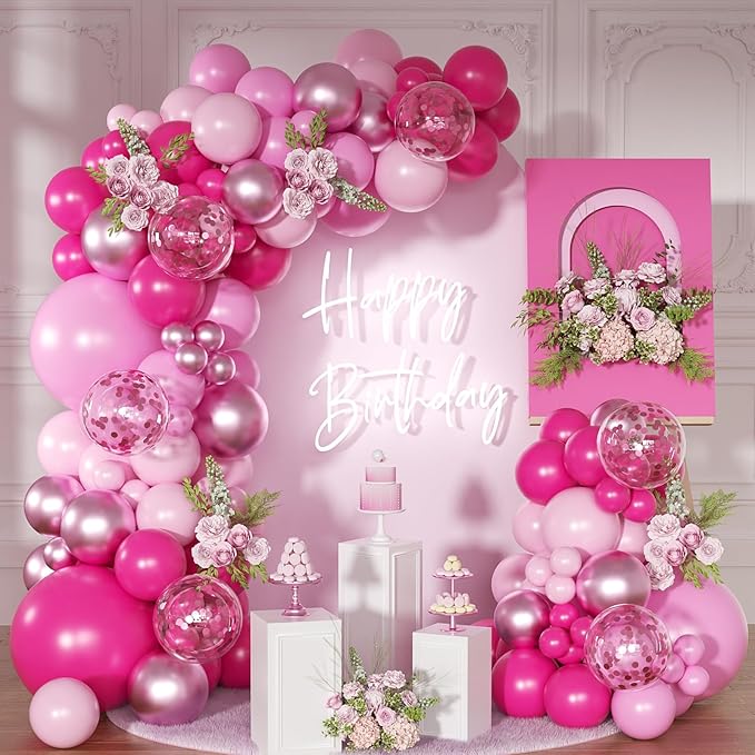 Pink Balloon Arch Kit, Hot Pink Balloons Garland Arch Kit Metallic Marcaron Pink Confetti Balloons for Bridal Shower Wedding Birthday Valentines Day Party Decorations