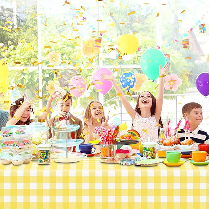 4 Pcs Yellow Checkered Tablecloth 54 ×108 Inches Rectangle Yellow Gingham Tablecover Disposable Plastic Waterproof Table Cover for Outdoor Picnic, Kitchen, Holiday Birthday Party