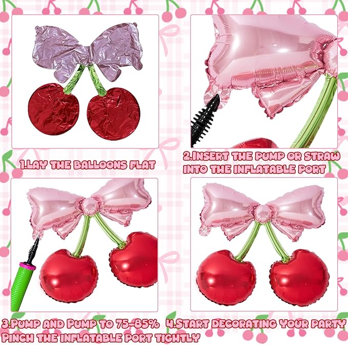 4Pcs Pink Bow Red Cherry Balloons for She's The Cherry On Top Party Foil Balloons Berry First Birthday Decorations Fruit Theme Baby Shower Bridal Wedding Party Supplies