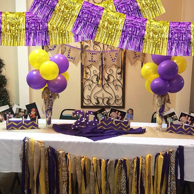 BEISHIDA 3 Packs Metallic Foil Fringe Garland Purple Gold Wall Hanging Tinsel Fringe Banners for Car Floats Bridal Shower Wedding Birthday Graduation Holiday Party Decoration(30 Feet)