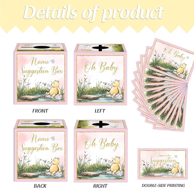 Winnie Baby Shower Decorations-The Pooh Baby Shower Games-Winnie Party Decorations-Baby Name Suggestion Cards with Box Name Suggestion Cards,Pink