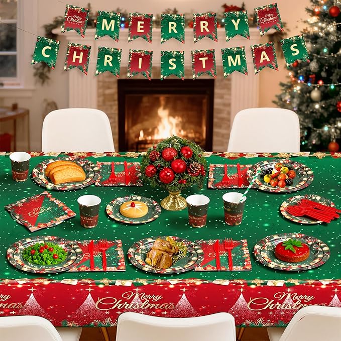 Christmas Party Decorations, Merry Christmas Party Supplies with Xmas Tree and Balls Theme, Disposable Tableware with Paper Plates, Napkins, Cups, Tableclot, Banner, Background Cloth (Serves 20)