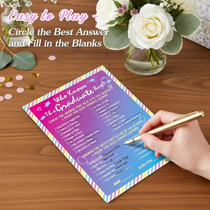 FaCraft 36PCS Who Knows Graduate Best Game Cards - Class of 2026 Graduation Party Games for Guests Funny Graduation Activities for High School & College Grad Parties Rainbow Design Party Supplies
