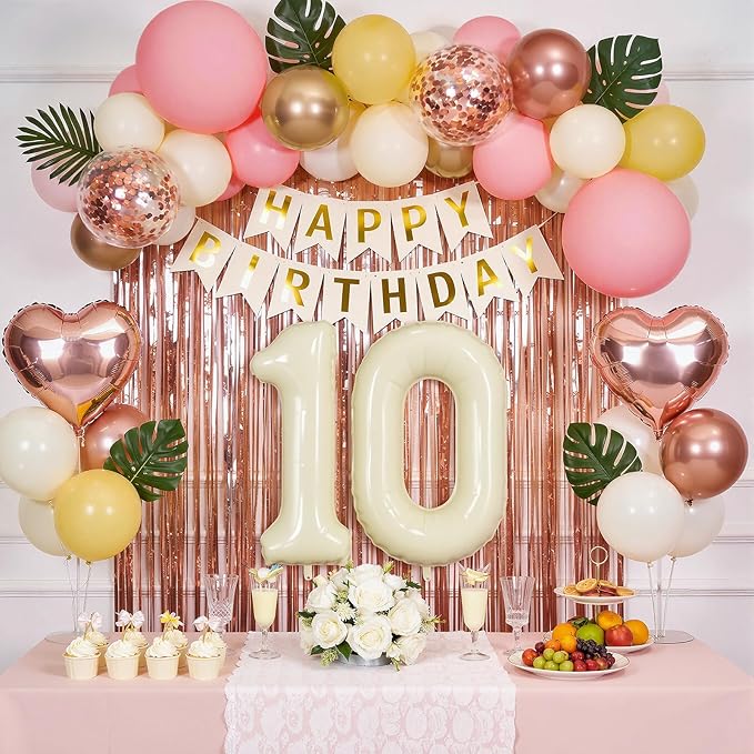 10th Birthday Decorations for Girl, Retro Sand White and Cream Balloon Garland Kit, Cream Number 10 Balloon, Pink Double Digits Banner, 10 Year Old Party Supplies