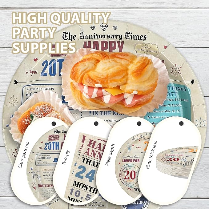 96Pcs 20th Anniversary Party Decorations Retro 20 Years Plates and Napkins 20th Anniversary Disposable Tableware Set for Vintage 20 Year Wedding Company Party Supplies Serves 24