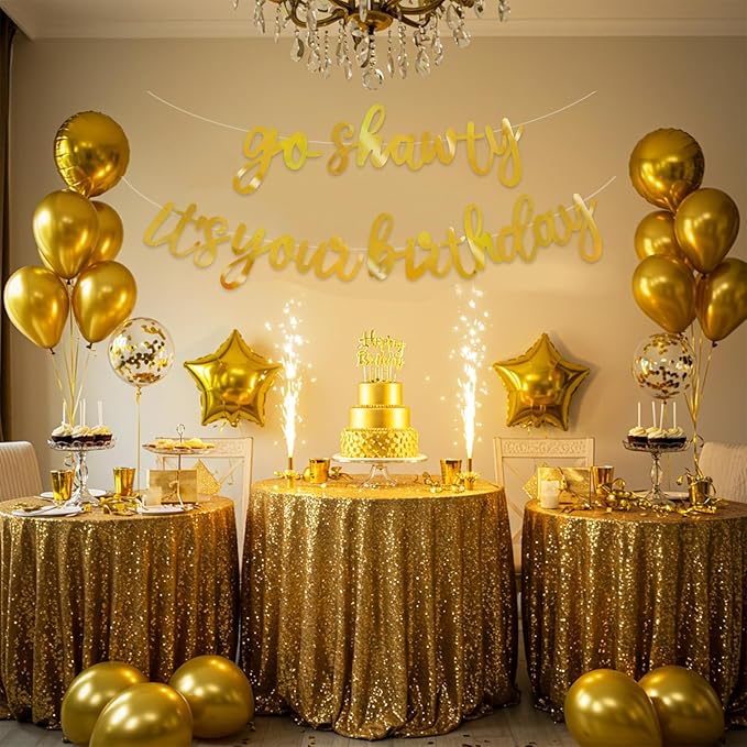 BEISHIDA Go Shawty It's Your Birthday Banner NO DIY Hip Hop Theme Happy Birthday Banner Pre-Strung Rap Theme Happy Birthday Sign for Man Women birthday Party Supply Double-Sided Bright Gold