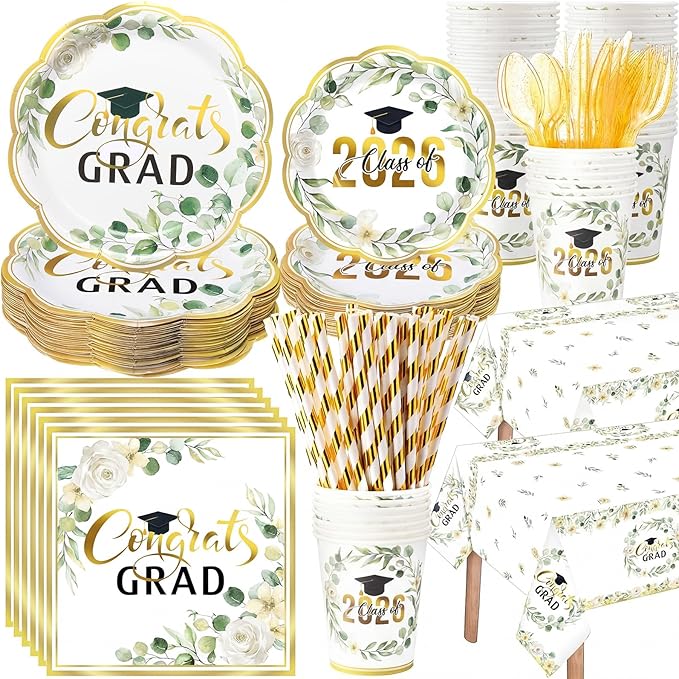 452 Pcs Class of 2026 Sage Green Graduation Party Decoration for 50, Eucalyptus Leaf Congrats Grad Paper Plates Napkins Cup Tablecloth Cutlery Straw for College High School Grad Party Supply