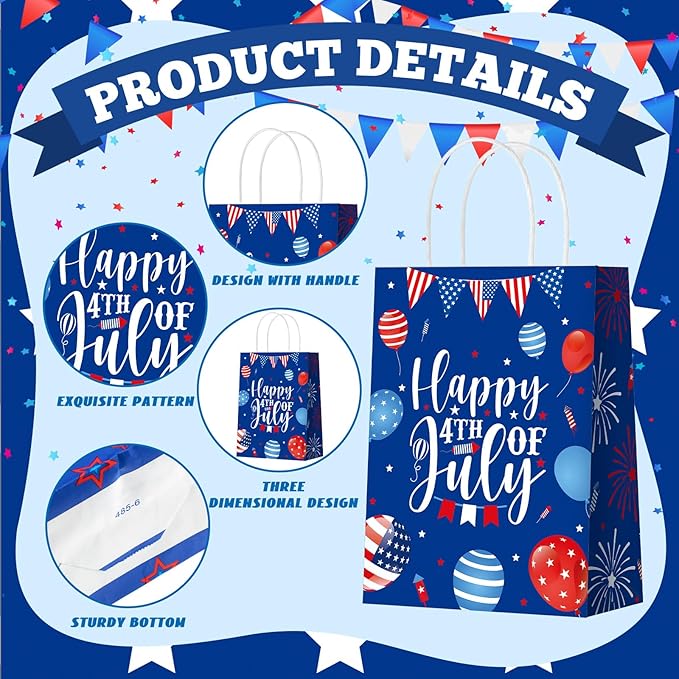 24 Pcs Patriotic 4th of July Gift Bags with Handle American Flag Party Favor Bags Memorial Day Treat Goodie Boxes for 250th Anniversary Independence Day Veterans Red White and Blue Supplies