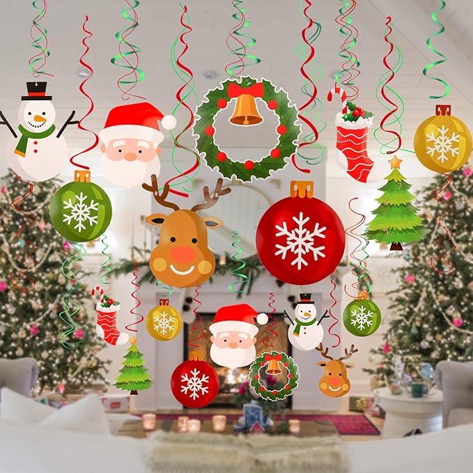Konsait Christmas Hanging Swirl Decoration Kit(32pcs), Merry Christmas Swirls Garland Xmas Tree Snowman Socks Santa Foil Hanging Ceiling for Xmas Winter Wonderland Holiday Party Decor Supplier